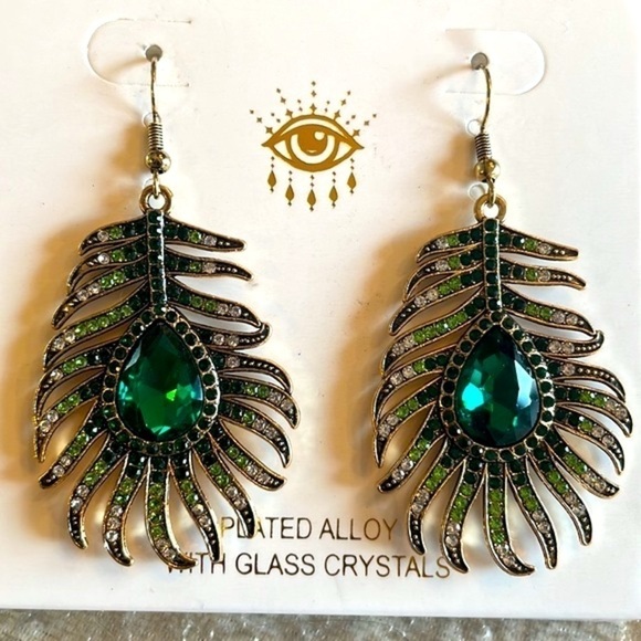 Brand New Eye Candy Crystal Peacock Feather Drop Earrings Green Sparkly - Picture 3 of 12